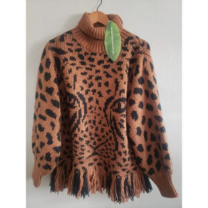 Farm Rio Sweater Women's Medium Leopard Fringe Hem Turtleneck Brown Black Wool